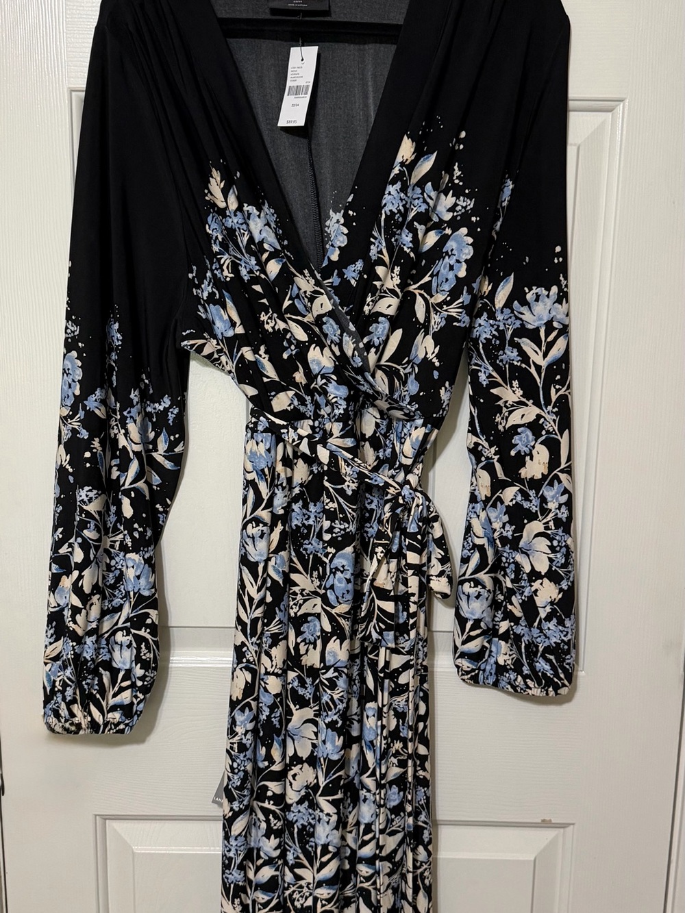 Lane Bryant Black Wrap Maxi Dress with Blue and Cream Floral Print